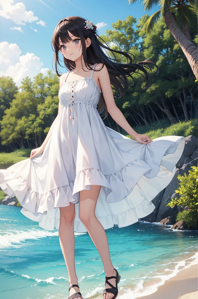 18 year old beautiful girl, Outdoor, Lake in the forest, The girl is wearing a white summer dress, The girl is standing on the surface of the lake, Smiling, Sunny, Daytime, White clouds and blue sky, Green Forest, wide lake, barefoot, Holding sandals in hands