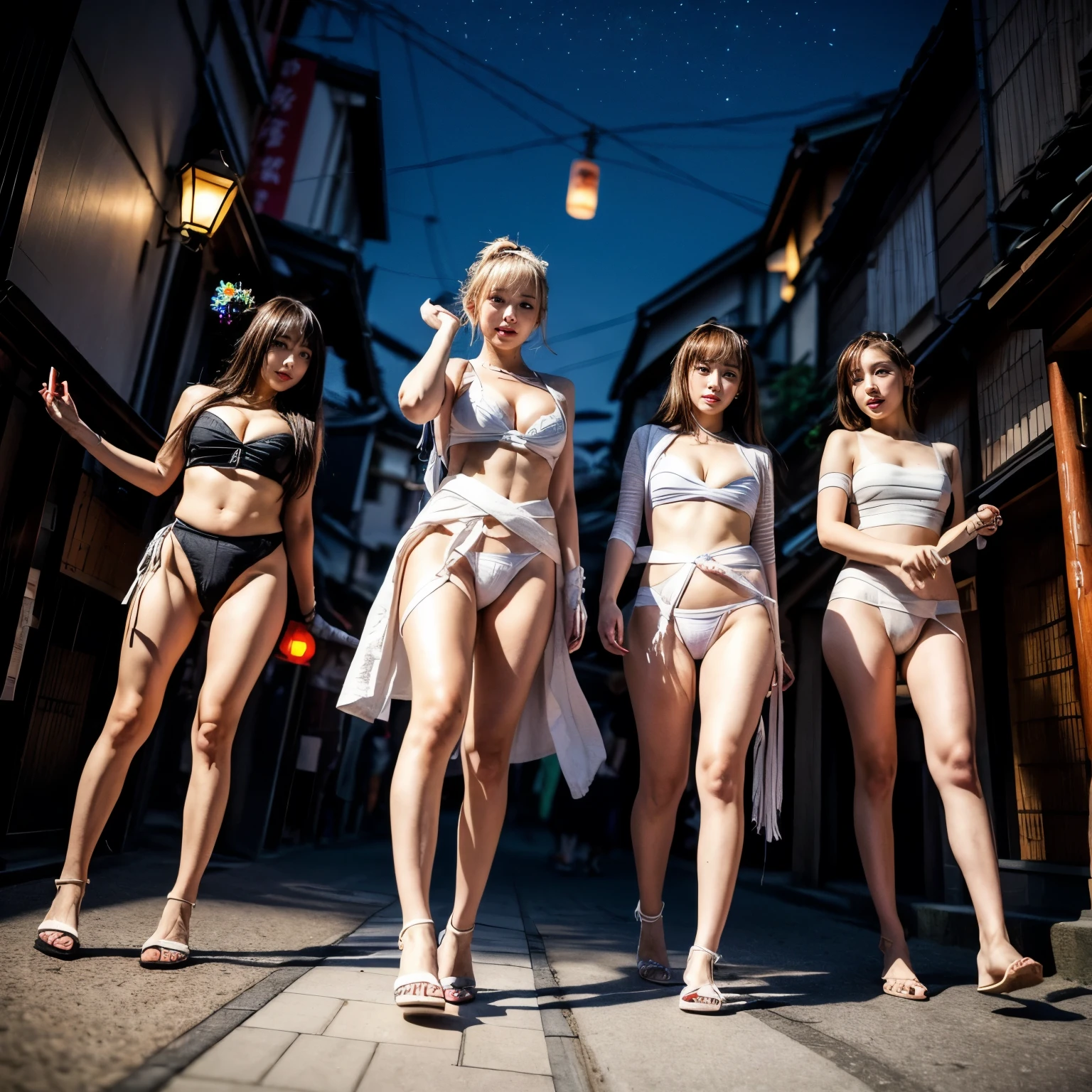 White and Red, ExtremelyDetailed(((GroupPhoto of KAWAII Girls in White Fundoshi and Sarasi Bandage at Hakata Gion Ymakasa))), {(Standing Full Body:1.2)|(from below:1.2)}, {Different types of hair colors|Braid Hair with bun|OKAPPA}, (Detailed KAWAII face, Detailed Radiant PearlSkin with Transparency), {FlowerHairpins | White Happi-Coat with Red Obi-Belt | FoldingFan |(Childish:1.2)|(Gigantic Cleavage:1.2)|(Underboob:1.2)|((Assfocus)Roundly TinyButts)}, (((Bare-Legs, No-Leg-Wear)))  BREAK  (Acutance:0.85), (Masterpiece of professional photo) (RawPhoto Photorealistic:1.37), {Flowers | Downtown|BustlingStreet|(Passerby schoolgirls)| Lanterns | neon | Illuminations | Haze}, {(Dazzling Bullard ColorfulLights)|(Red clouds)}, MysticSight, {:p|:d|laugh|sparkle|joyful|delighted}, DuskSky with ((Dazzling RainbowColor Particles (BokeH))), SFW, 