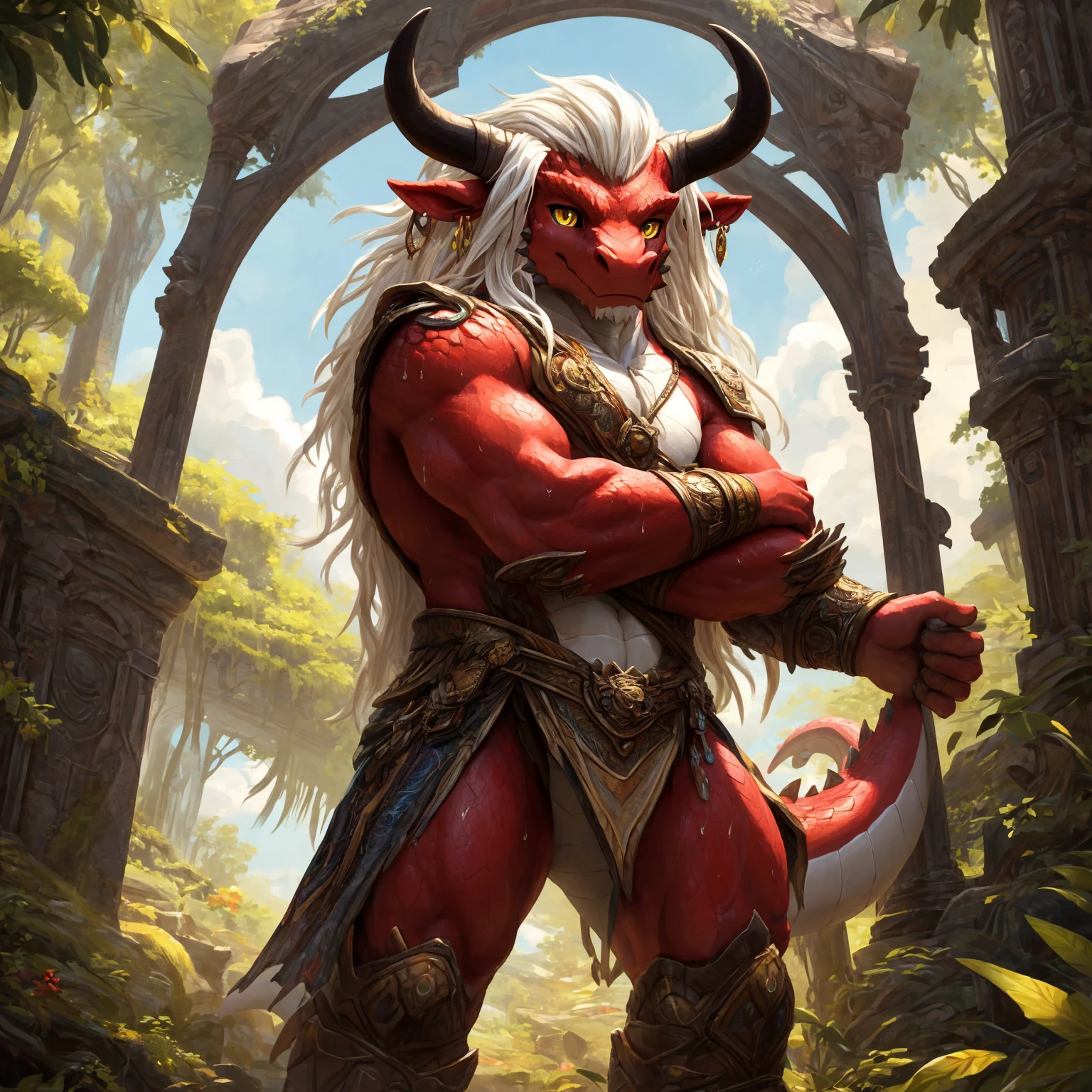 ultra-detailed, masterpiece, masterwork, high quality, best quality, hdr, (nature), nsfw, male, solo, chibi, dragon, ((brief)), (little red body minotaur), (white body), (long golden hair, yellow eyes, cool eyes), standing, cross your arms, dynamic angle, earrings, sweat