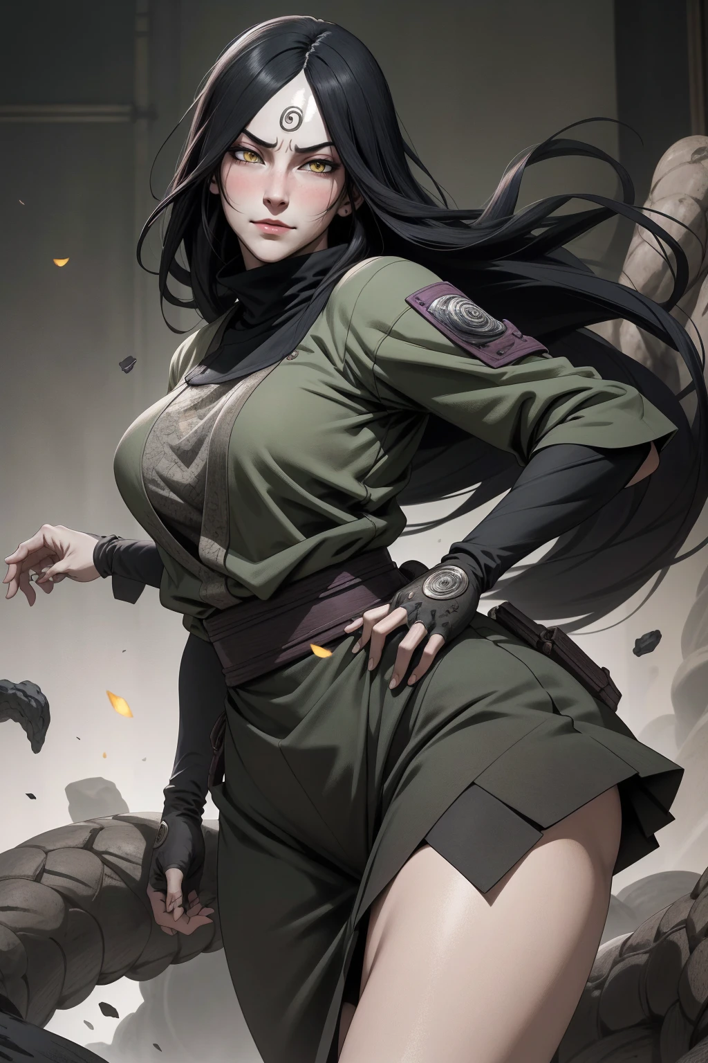 {-erro_de_anatomia:1.0} estilo anime, Masterpiece, absurdities, Orochimaru\(Naruto\), 1girl Solo, Mature woman, Oversized shirt with broad shoulders, Perfect composition, Detailed lips, large breasts, Beautiful face, body proportion, Blush, Long black hair, ( black hair), yellow eyes, (sexy), Soft gauze, Super realistic, Detailed, photo shoot, Realistic faces and bodies, masterpiece, best quality, best illustration, hyper detailed, 1 girl, solo, glamorous, blushing, whole body, on attack, dimanic poses