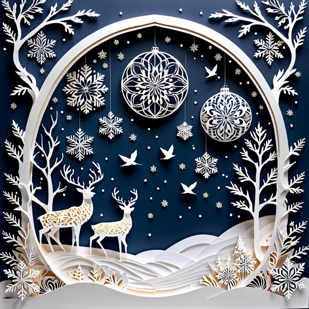 Create a detailed paper cutout artwork depicting a scene that combines snow with intricate patterns. The scene should include delicate snowflakes falling gently, each flake featuring unique and elaborate patterns. The background should incorporate swirling designs and geometric shapes that complement the snowflakes, creating a seamless blend between the natural and the abstract. The artwork should evoke a sense of tranquility and beauty, capturing the serene and intricate nature of snow and patterns. The overall mood should be elegant and peaceful, highlighting the delicate artistry of winter through detailed design.