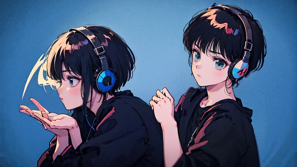 Black short Hair, Black Clothing, One Adult Woman Looking Sideways ,Blue headphones、 Delicate background、Masterpiece、night、dark、Nostalgic、レトロ