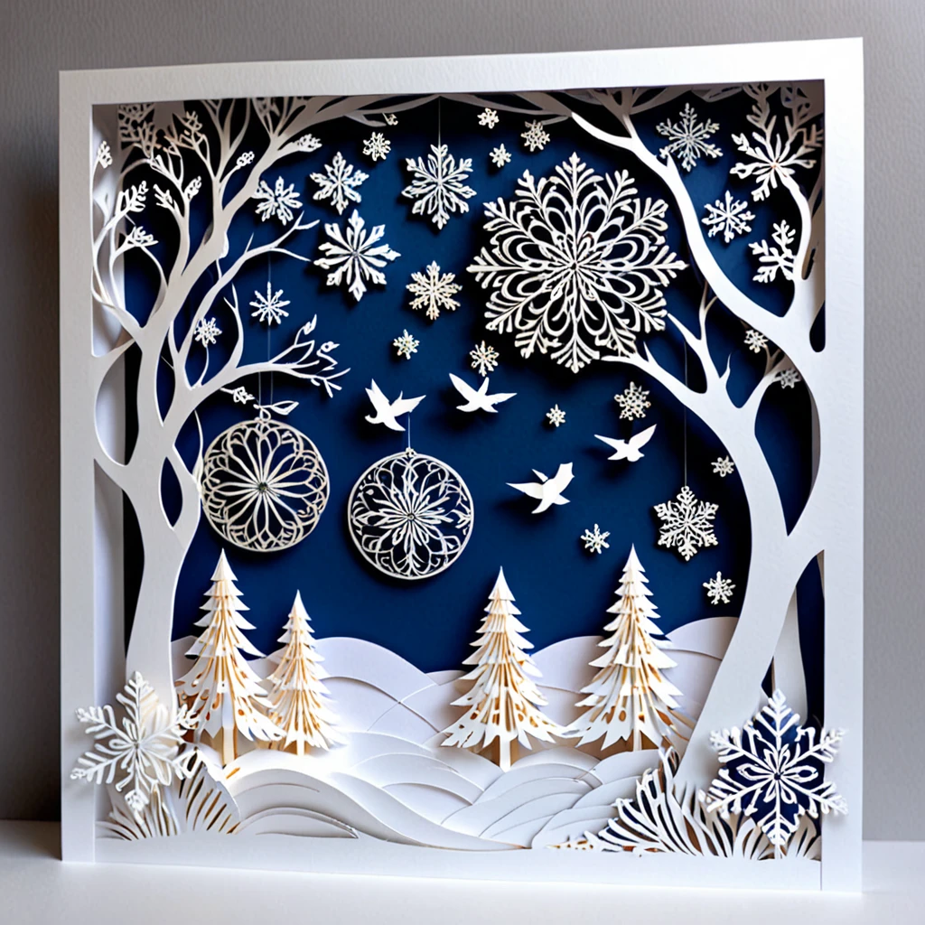 Create a detailed paper cutout artwork depicting a scene that combines snow with intricate patterns. The scene should include delicate snowflakes falling gently, each flake featuring unique and elaborate patterns. The background should incorporate swirling designs and geometric shapes that complement the snowflakes, creating a seamless blend between the natural and the abstract. The artwork should evoke a sense of tranquility and beauty, capturing the serene and intricate nature of snow and patterns. The overall mood should be elegant and peaceful, highlighting the delicate artistry of winter through detailed design.