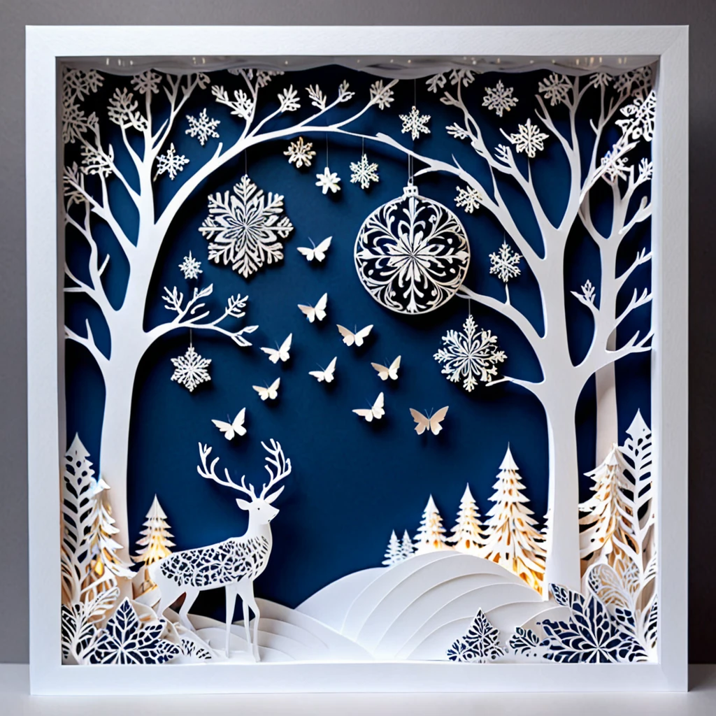 Create a detailed paper cutout artwork depicting a scene that combines snow with intricate patterns. The scene should include delicate snowflakes falling gently, each flake featuring unique and elaborate patterns. The background should incorporate swirling designs and geometric shapes that complement the snowflakes, creating a seamless blend between the natural and the abstract. The artwork should evoke a sense of tranquility and beauty, capturing the serene and intricate nature of snow and patterns. The overall mood should be elegant and peaceful, highlighting the delicate artistry of winter through detailed design.