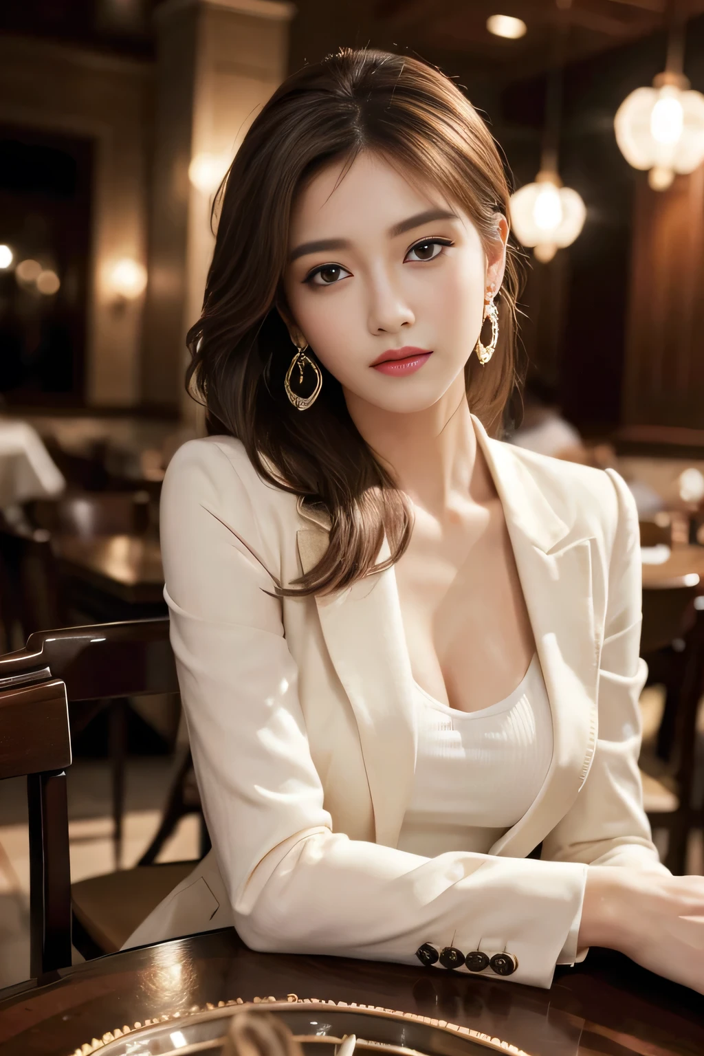 masterpiece, Highest quality, Realistic, Very detailed, Finer details, High resolution, 8k wallpaper, One beautiful woman, Wear a nice suit, In a great restaurant, At night, Light brown messy hair, Perfect dynamic composition, Beautiful and beautiful eyes、Big earrings、Sit on a chair、