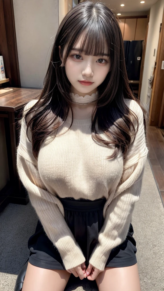 highest quality、8k、32k、masterpiece、Hmph:1.2)、One Girl、Girl with long hair、Beautiful Japanese Woman、Black-haired、Heavy bangs、Long sleeve shirt、Hair length、A fluffy white sweater、Don't expose it、D Cup,choker、plump breasts, large breasts, Bright red eyeliner、full body