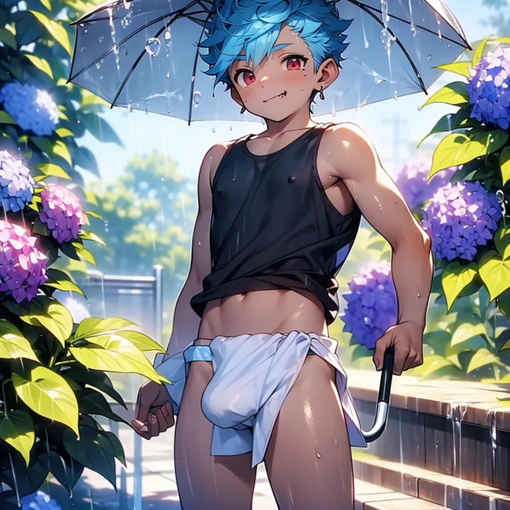 ((solo)), (boldline:-1.6), (holding see throgh umbrella:1.5), (arched back:1.3), ((bubble)), (standing:1.5), (((fang))), (((best finger))), BREAK (best quality:1.5), (absolutely resolution:1.5), (ultra detailed:1.5), (masterpiece:1.5), (perfect face:1.5), (detailed face:1.3), (detailed eyes:1.5), (best eyes:1.5), (cute face), (shota:1.9), BREAK (black tank top:1.5), BREAK (white loincloth:1.5), (see throgh wet clothes:1.5), (bulge:1.6), (skinny:1.3), BREAK (light blue hair:1.5), (((spiked hair))), BREAK (wine red eyes:1.4), (eyes with highlight:1.6), ((mole under eye)), (sweaty skin), (chuckling:1.5), ((earrings)), (shiny skin:1.3), BREAK (garden), (purple hydrangea on ground:1.4), (heavy rain:1.3), ((wind blowing)), ((nipple)), (abs), groin, water splashing, from below,
