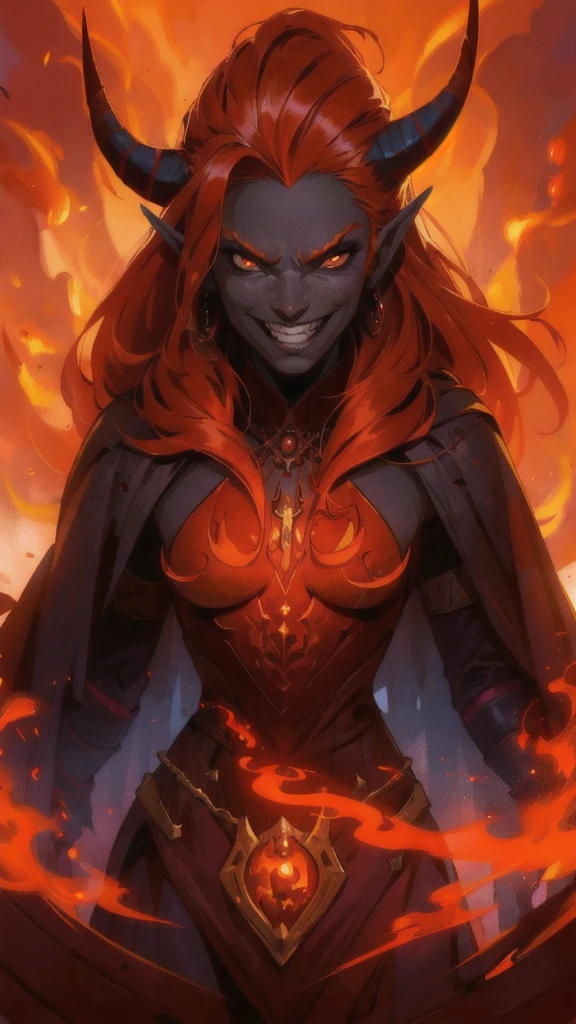 (exciting comic book style: 1.3), portrait, an infernal with red skin (elegant smile, teeth. 1.2), messy red hair, pointy ears, small horns, fiery crown and medallions, noble black velvet dress, surrounded by fog, orange and red backlight, steam, (charismatic prankster), strong and complex light, contrasting shadows, in front of a chaotic portal
