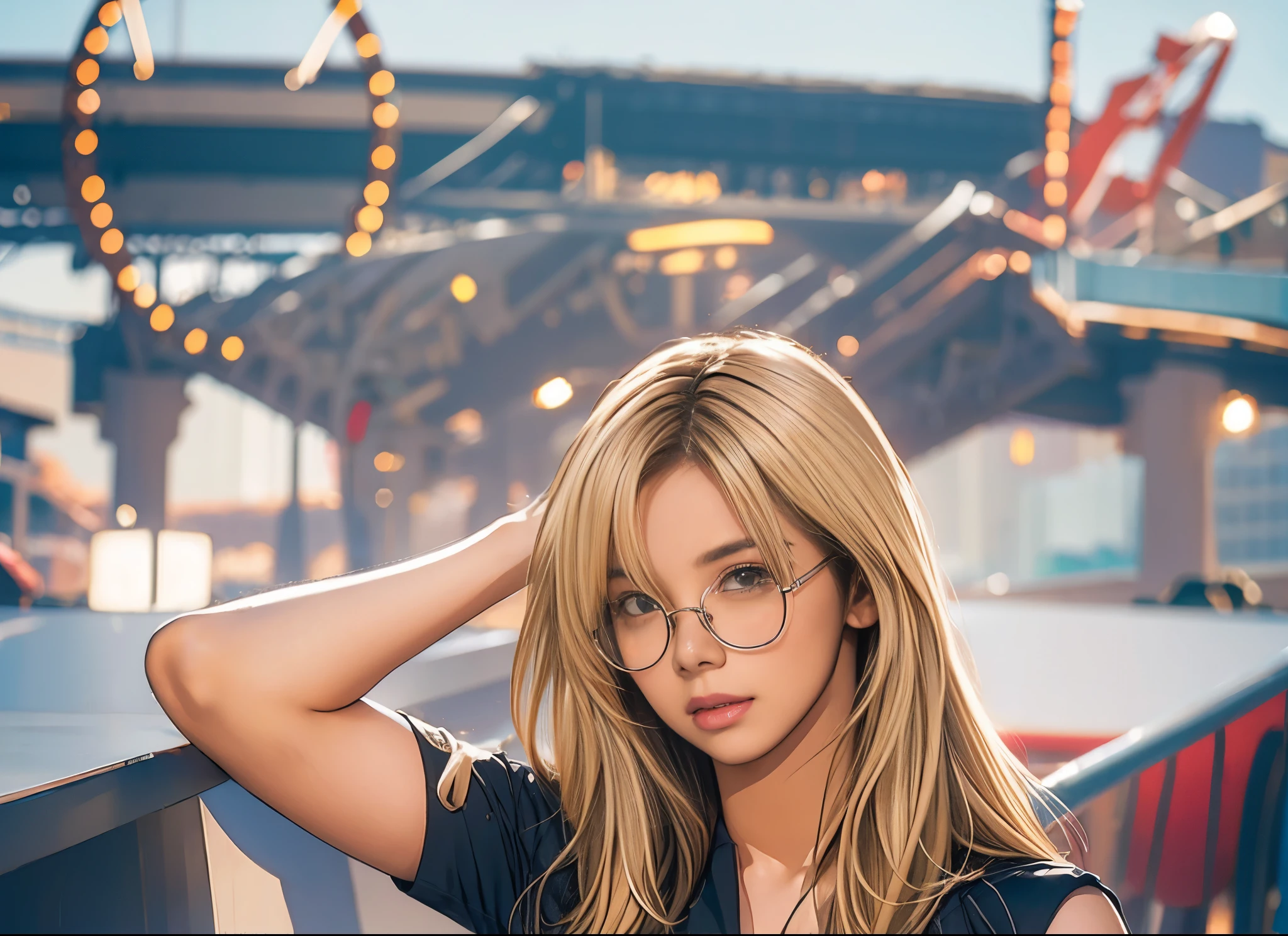 elaizaikedareal,1girl, solo, long hair, blonde hair, upper body, glasses, blurry, lips, blurry background, sunglasses, realistic, tinted eyewear