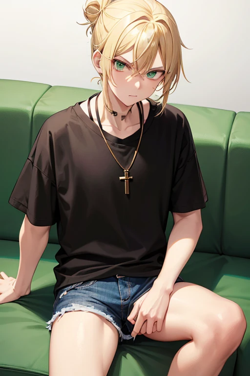 Anime boy, glaring expression, with blonde hair tied up in a bun, green eyes, black T-shirt, blue jeans, gold cross necklace, sitting on couch