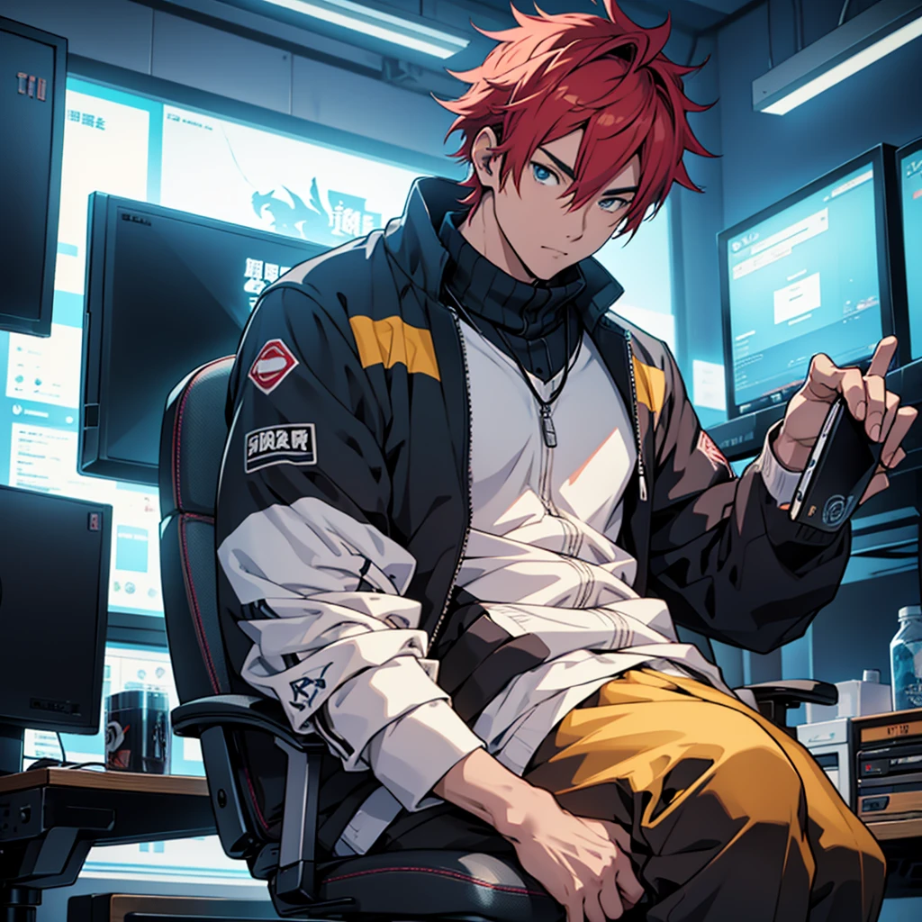 Handsome male, ear piercing, red eyes, orange hair, short hair, smile, intense look, orange hoodie grey pants, sitting on gaming chair, detailed body, detailed hands, tanned skin, horns, doe eyes, huge bulge in pants, curly hair, bushy brows, beard