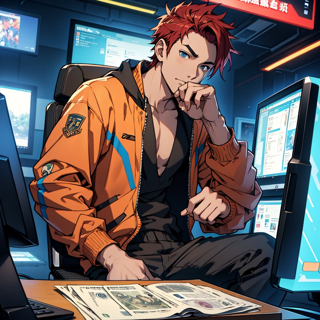 anime styling, Boy sitting on a gaming chair, with money in hands and on the table, behind him a computer, freezing weather, vivid colors, cinematic shading, CG anime