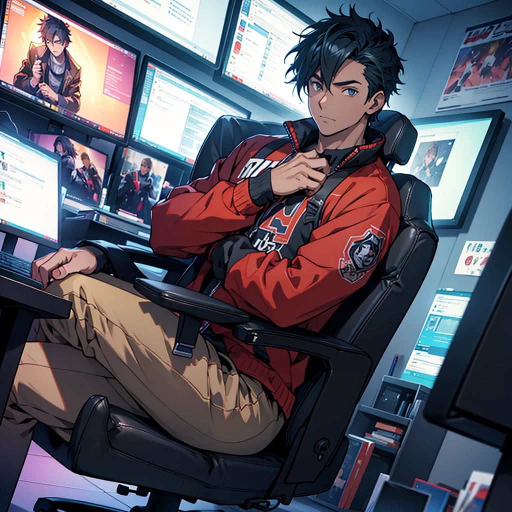 anime styling, Boy sitting on a gaming chair, with money in hands and on the table, behind him a computer, freezing weather, vivid colors, cinematic shading, CG anime