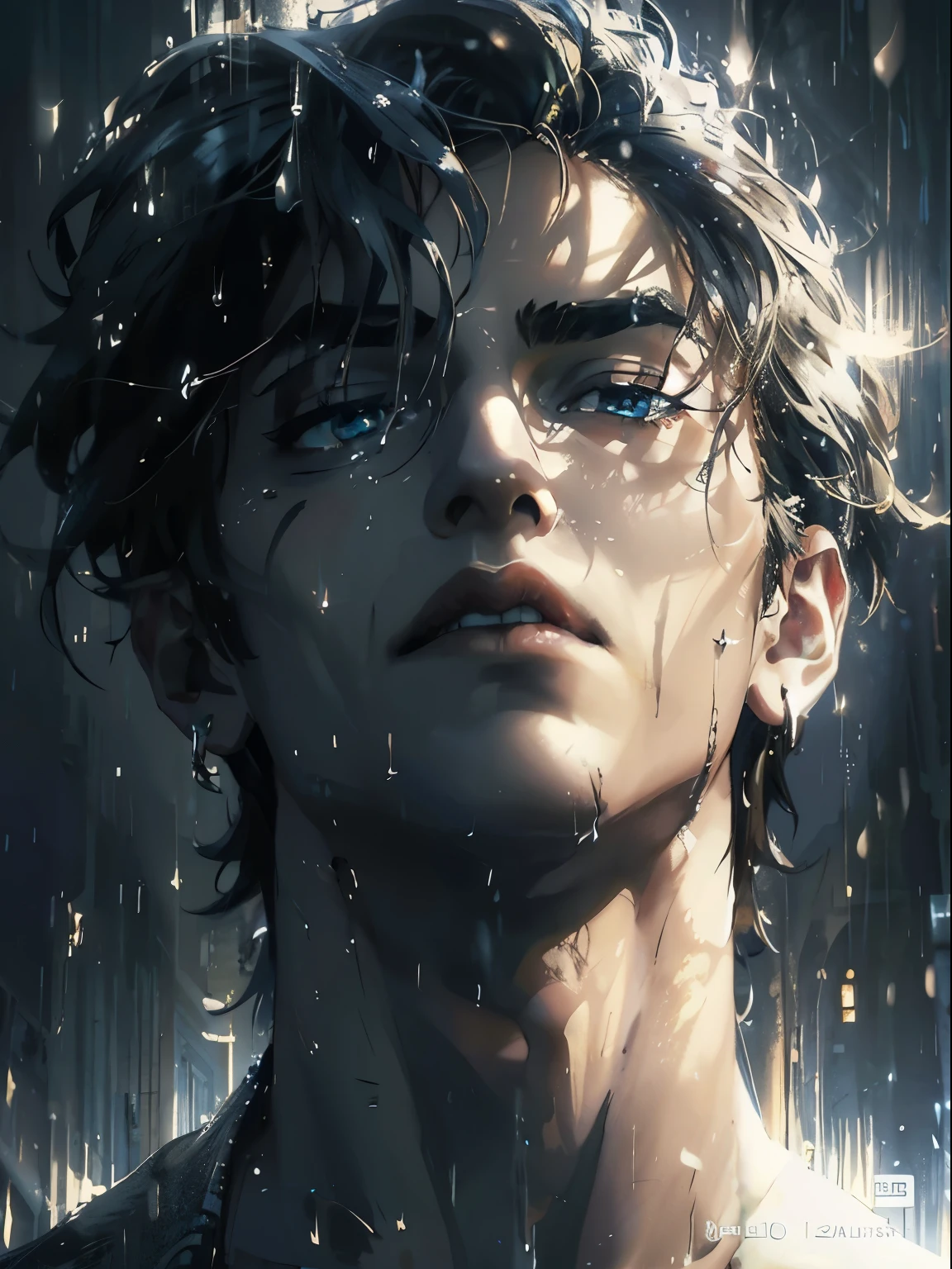 8K, complex, elegant, Highly detailed, majestic, digital photography, surreal painting, defeat magic, Sinuous Lightning, (masterpiece, Side light, fine and beautiful eyes: 1.2), HDR, (bright blue eyes)), Naked upper body, (bright tattoo), handsome boy, cana, musculature, black skin, demon horn, Raining, handsome, in front of camera, masterpiece