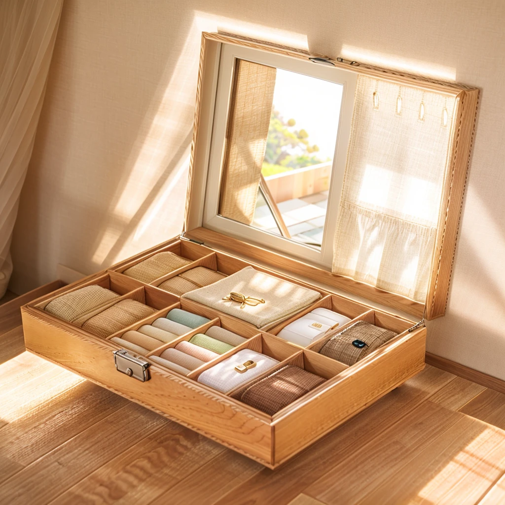 Comfort Room,White curtains,Soft sunshine,Linen floor coverings,Textured,Light filter,Watch Storage Box,Wood grain gloss,Peaceful and tranquil,Wall Still Life,Elegant decoration,Half-open windows,light breeze,Turn the pages,Peaceful atmosphere,Warm and comfortable living atmosphere。
