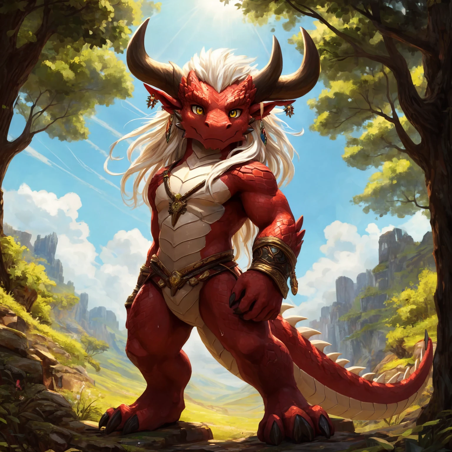 ultra-detailed, masterpiece, masterwork, high quality, best quality, hdr, (nature), nsfw, male, solo, chibi, dragon, ((brief)), (little red body minotaur), (white body), (long golden hair, yellow eyes, cool eyes), standing, cross your arms, dynamic angle, earrings, sweat