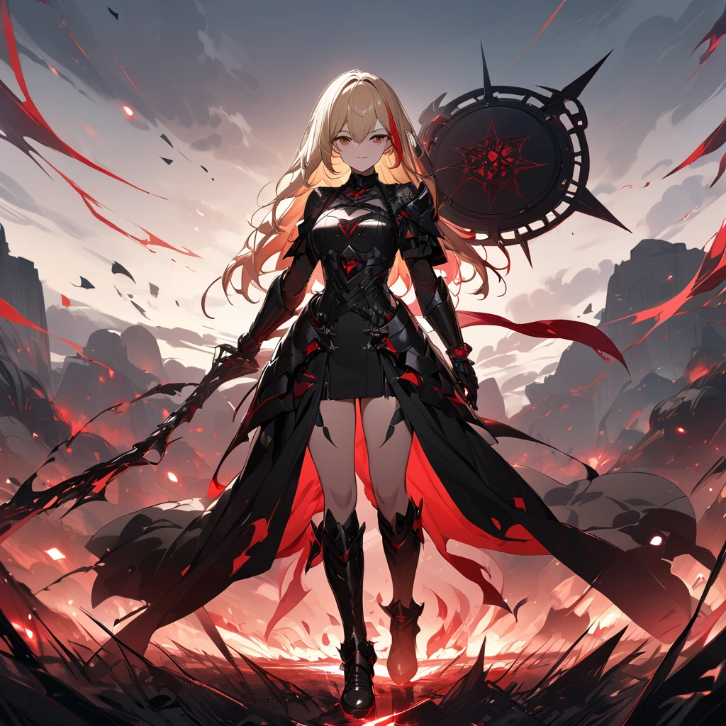 A woman in her 20s, wearing heavy black armor, black metal bracelet, black metal boots, with red details on the armor, short shoulder-length blonde hair, red bangs, smiles, multicolored hair, brown eyes, sadistic smile, face of psychopath, full body, evil face, holding a black metal shield, and a black metal sword, in a combat stance, in an open field,dark magic, red aura.UHD, masterpiece, accurate, anatomically correct, textured skin, super detail, high quality, best quality, 8k, high resolution, bokeh effect. (woman alone)
