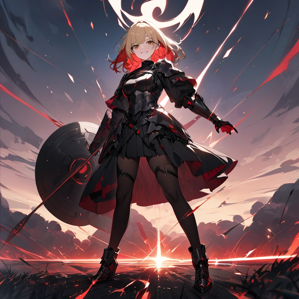 A woman in her 20s, wearing heavy black armor, black metal bracelet, black metal boots, with red details on the armor, short shoulder-length blonde hair, red bangs, smiles, multicolored hair, brown eyes, sadistic smile, face of psychopath, full body, evil face, holding a black metal shield, and a black metal sword, in a combat stance, in an open field,dark magic, red aura.UHD, masterpiece, accurate, anatomically correct, textured skin, super detail, high quality, best quality, 8k, high resolution, bokeh effect. (woman alone)
