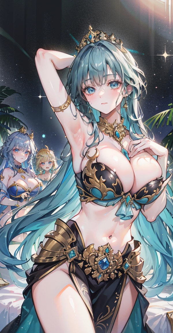 Group of 5 princesses,(6 young women,many young women), (in the bedroom), Various hair styles, harem,(shiny armor, Beautiful crowns and jewelry,crystal filigree jewelry), at night, detailed face, big breasts,Breast curtain, long skirt, mule, Sleeveless , Show your armpits, at night, starry at night,(large areolae:1.4,pink,The nipples are clearly visible....),(Various poses),Highest quality、Highest picture quality、Masterpiece