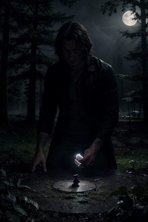 bottom: A night landscape, dark and mysterious, with the full moon in the sky, shining brightly and bathing everything in a silvery glow. The moon is large and prominent, occupying the top center of the cover.
forest: Tall, leafy trees in dark silhouettes, surrounding the landscape. The branches are slightly twisted and covered in fog, creating a disturbing and suspenseful atmosphere.
Figure of the protagonist: Axel Blackwood, a man with a strong build and intense gaze. It is in the center of the image, with an expression of determination and alert. Wear dark, practical clothing, suitable for the forest. His transformation into a werewolf is subtly suggested.: perhaps with glowing eyes and barely visible fangs, or with a shadow showing a lupine figure.
stone altar: aside, maybe in the background but still visible, an ancient stone altar covered in moss and vines, with ancient statues around. This is the sanctuary mentioned in the story.
Additional details:
A faint, dark glow emanating from the depths of the forest, suggesting the presence of the “Heart of the Night”.
A few bright eyes hidden in the shadows of the trees, suggesting creatures watching from the darkness.
Low, ethereal mists covering the forest floor.
typography: title "Full Moon Shadows" in large, stylized letters, with a silver glitter effect.