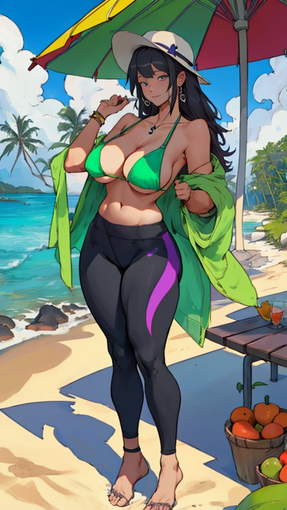 extremely delicate and beautiful, Amazing, finely detail, masterpiece, ultra-detailed, highres,best illustration, best shadow,intricate, high quality, woman, solo, purple long hair, curvy, milf, giant breasts, sexy body, bikini top, (black yoga pants), minimal jewelry, hat, bright green glowing eyes, natural makeup, Alien planet, tropical beach, beach towel, fruit drinks, lotion on chest, beach umbrella, lot of colorful smoke everywhere background, palm trees, cutesexyrobutts