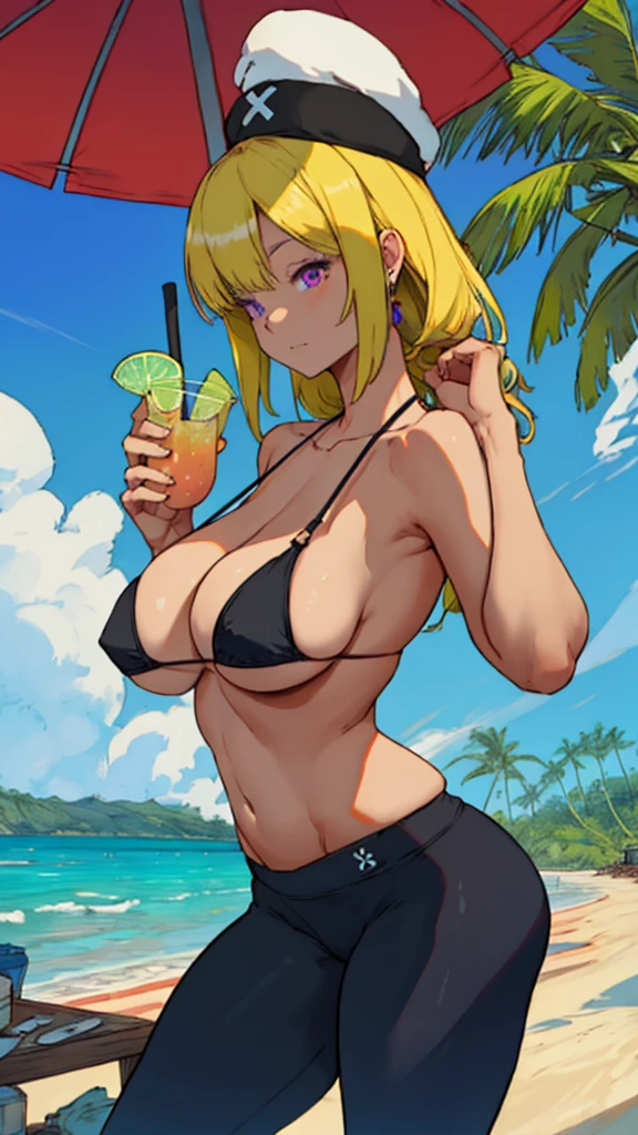 extremely delicate and beautiful, Amazing, finely detail, masterpiece, ultra-detailed, highres,best illustration, best shadow,intricate, high quality, woman, solo, purple long hair, curvy, milf, giant breasts, sexy body, bikini top, (black yoga pants), minimal jewelry, hat, bright green glowing eyes, natural makeup, Alien planet, tropical beach, beach towel, fruit drinks, lotion on chest, beach umbrella, lot of colorful smoke everywhere background, palm trees, cutesexyrobutts 