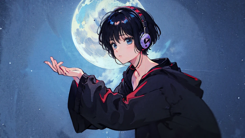 Black short Hair, Black Clothing, One Adult Woman Looking Sideways ,Blue headphones、 Delicate background、Masterpiece、night、dark、Nostalgic、レトロ