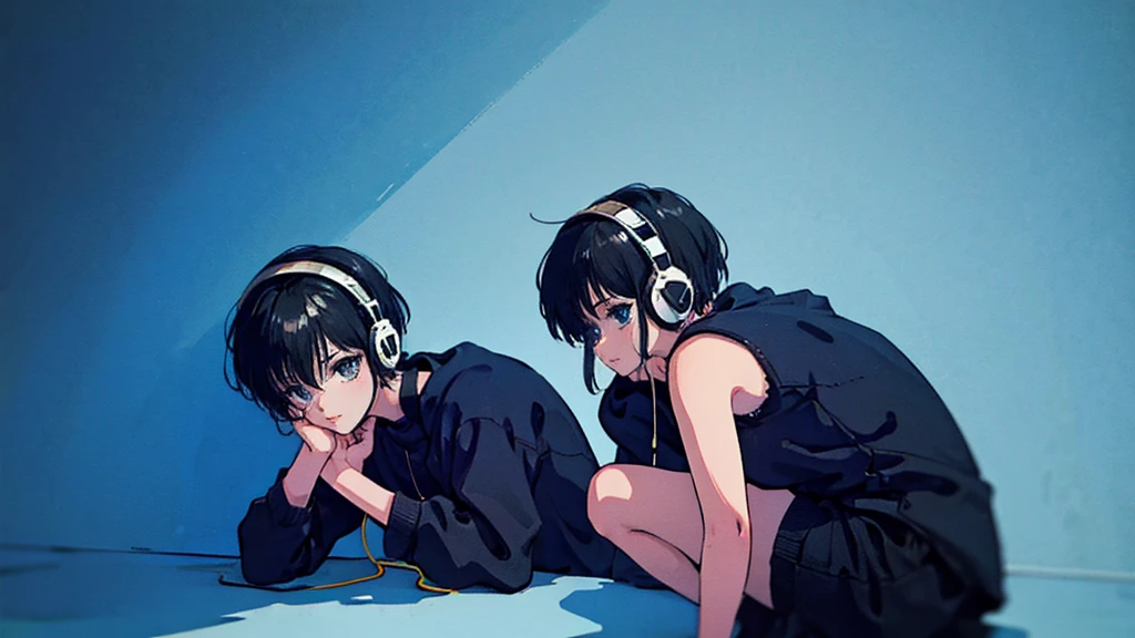 Black short Hair, Black Clothing, One Adult Woman Looking Sideways ,Blue headphones、 Delicate background、Masterpiece、night、dark、Nostalgic、レトロ