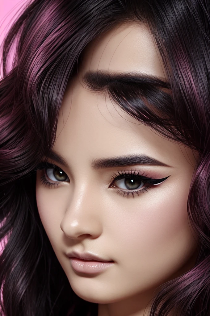 hair girl, wavy, black color, pink eyes, under eye liner, very beautiful, with Tokyo Revengers animation style
