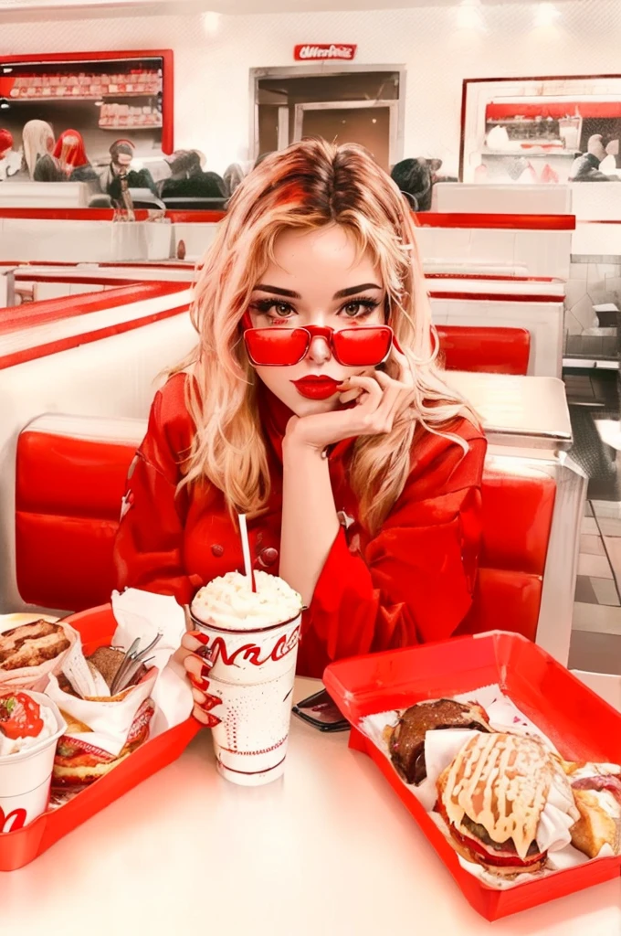 a woman sitting at a table with a tray of food and drink, soda themed girl, wearing a red outfit, wearing red tainted glasses, wearing red clothes, ❤🔥🍄🌪, all red, profile image, eating hamburgers, in a classic restaurant, eating inside McDonalds, Aesthetics two 5 0, wearing red attire, Red Accents, wearing red
