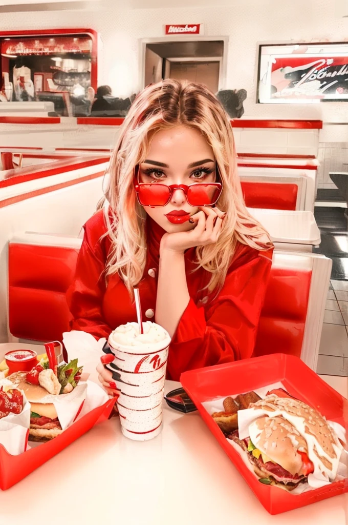 a woman sitting at a table with a tray of food and drink, soda themed girl, wearing a red outfit, wearing red tainted glasses, wearing red clothes, ❤🔥🍄🌪, all red, profile image, eating hamburgers, in a classic restaurant, eating inside McDonalds, Aesthetics two 5 0, wearing red attire, Red Accents, wearing red