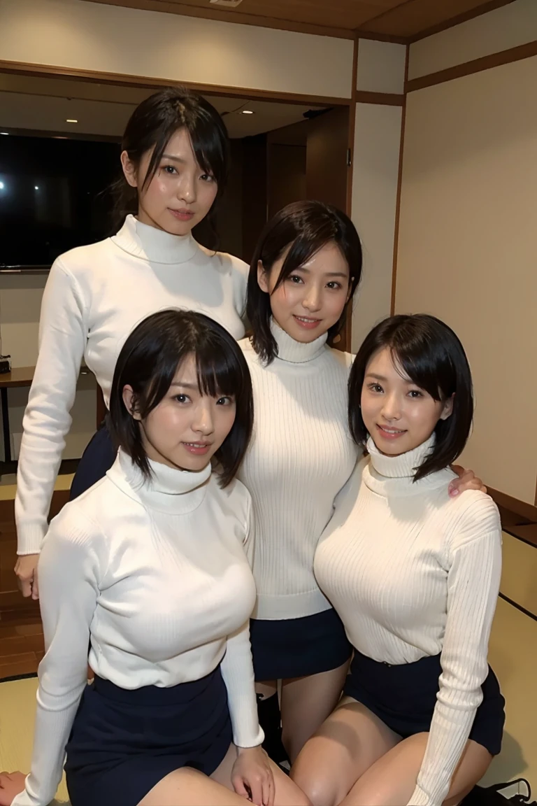 (((Group photo of three Japanese beauties)))、Everyone has a different style and hairstyle, beautiful、Large breasts、Sexual pose、White turtleneck sleeveless knit sweater、living room