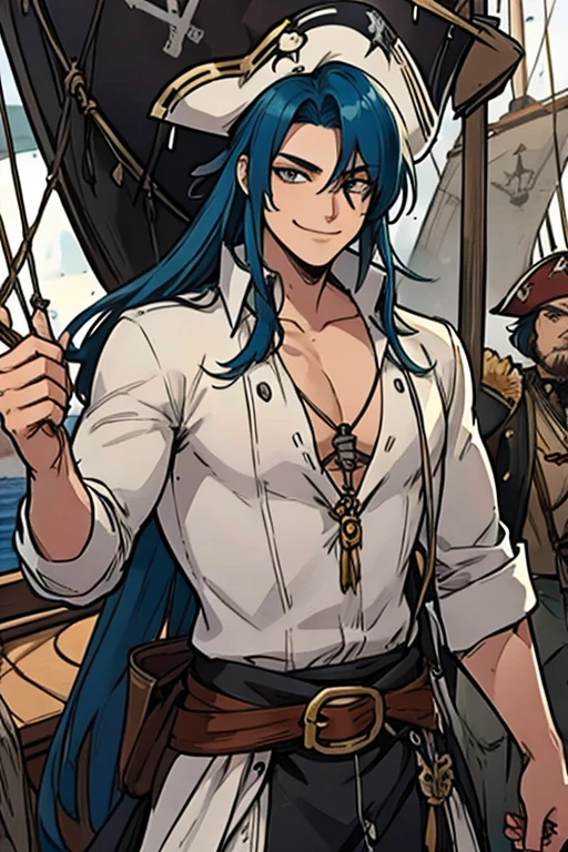 A muscular blue haired man with gray eyes and long hair in a pirate's outfit is smiling on a pirate ship