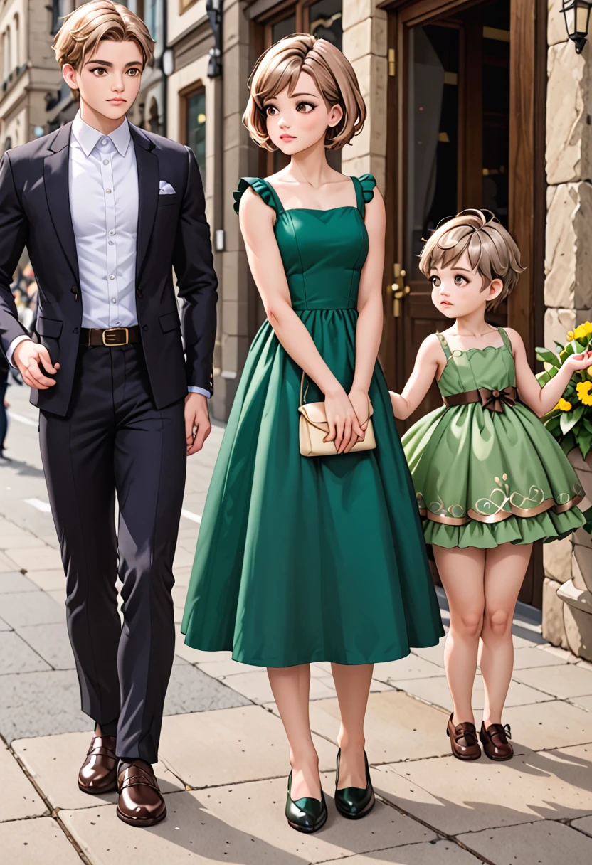 2 year old baby ,fly away, short hair like a boy, weight on display, light brown hair, caramel colored eyes, large cilia, simple green dress, Brown Shoe, standing looking forward. 