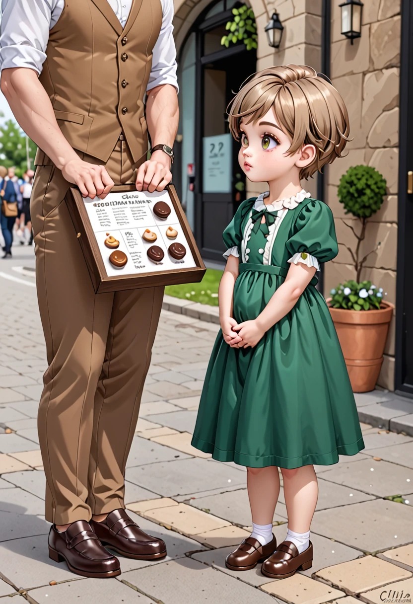 2 year old baby ,fly away, short hair like a boy, weight on display, light brown hair, caramel colored eyes, large cilia, simple green dress, Brown Shoe, standing looking forward. 