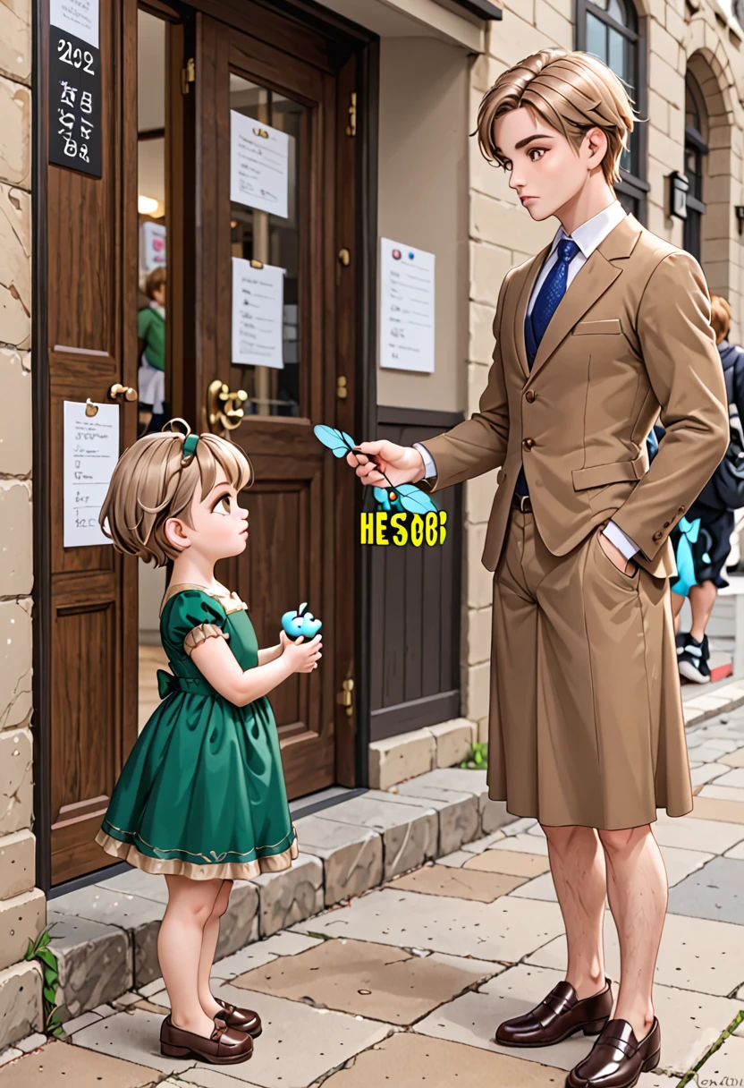 2 year old baby ,fly away, short hair like a boy, weight on display, light brown hair, caramel colored eyes, large cilia, simple green dress, Brown Shoe, standing looking forward.