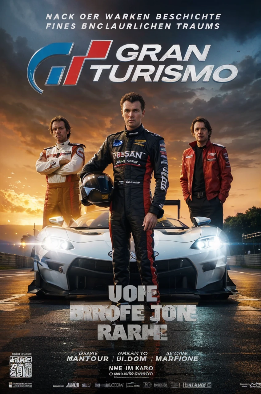 Create me a movie poster for a car racing movie called "grand tourer 2, more difficult than expected" The film is about Jan Mardenbrough who, in his further career, finds out how difficult it is.