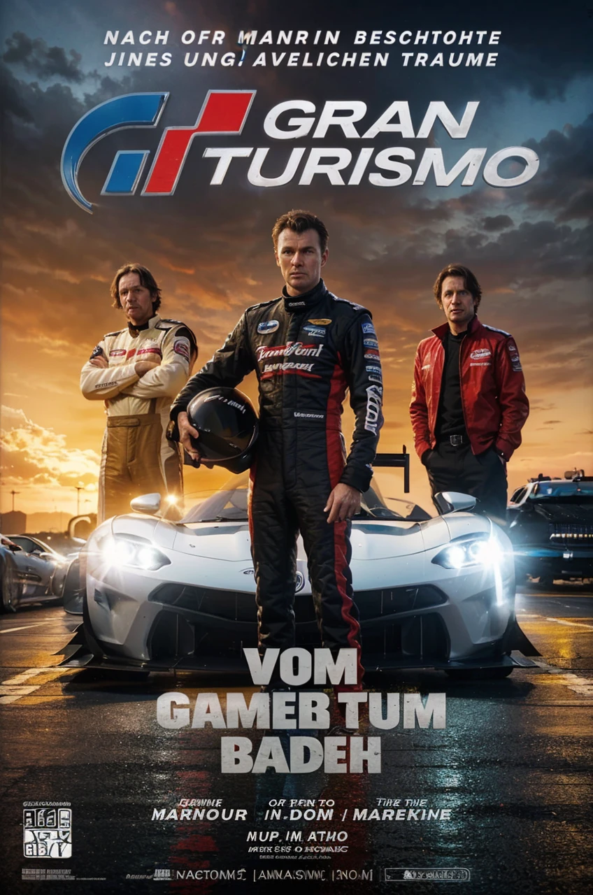 Create me a movie poster for a car racing movie called "grand tourer 2, more difficult than expected" The film is about Jan Mardenbrough who, in his further career, finds out how difficult it is.