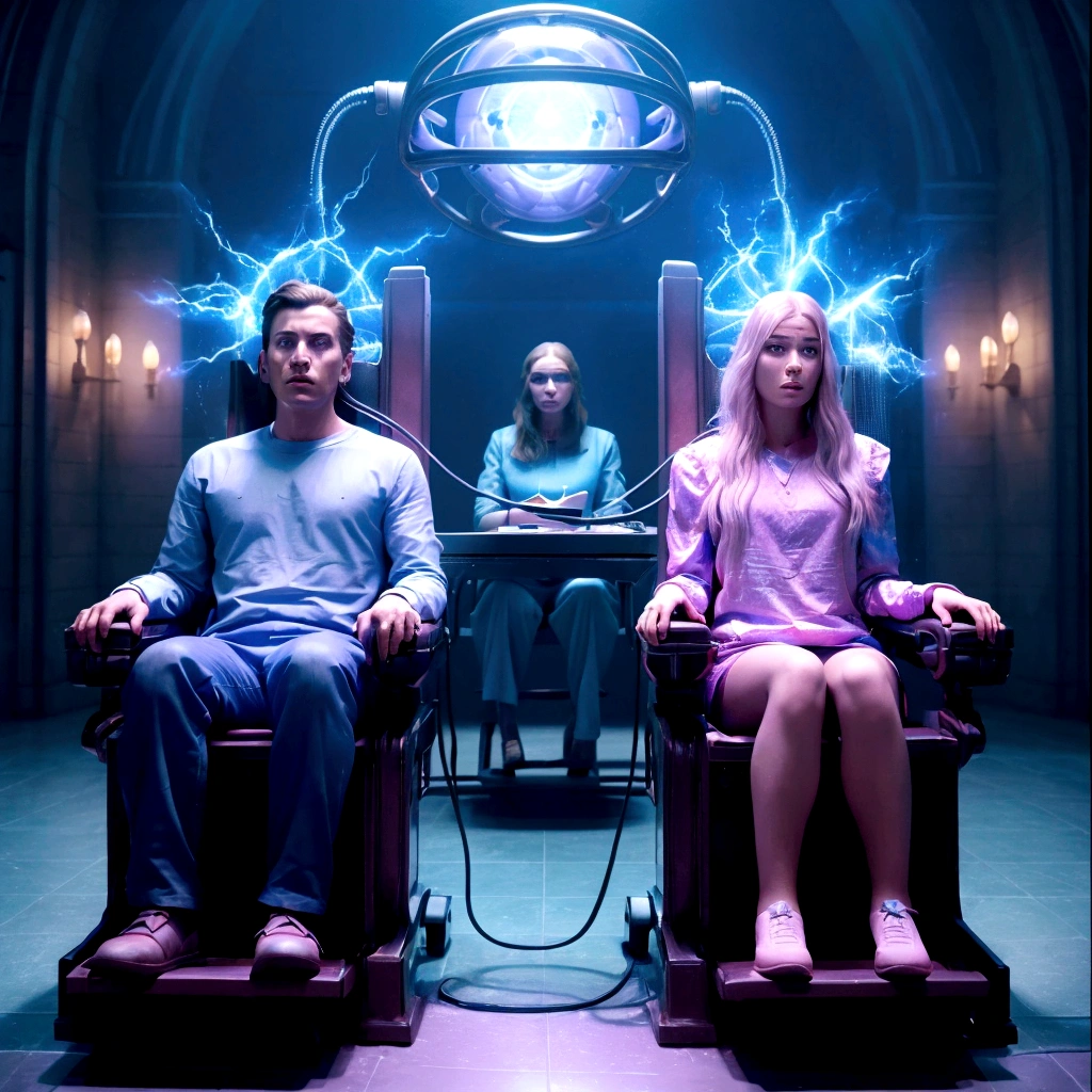 they are sitting in a chair with a man and a woman, sitting in a plastic throne, hyperreal movie shot, alex gross, by Mike Winkelmann, dramatic sci-fi movie still, matte painting of human mind, film promotional still, cinematic hologram, sitting on the porcelain throne