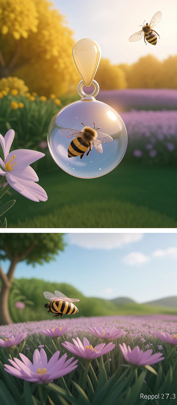there is a bee flying over a field of flowers with a bee, a 3D render by jeonseok lee, trending on polycount, conceptual art, cute 3 d render, soft 3d render, cute! c4d, stylized as a 3d render, stylized 3d render, adorable digital painting, cute detailed digital art, 3 d bee (photo realistic:1.4), surrealism, dream-like, ((abstract art)), vector arts,) (8k, RAW photo, best quality, masterpiece:1.2, Sharp image, vector) (dynamic angle:1.1), outline, ((thick lineart)), cover, stylish, official art, (details:1.2), (fantasy), garden, (bloom:1.1), glow:0.2, shadow, nature, flower, splash water, crystal, snowflakes, particles, bokeh, anamorphic light (depth of field), sharp focus, (volumetric lighting), (bokeh:0.6), film grain:0.4, (soft lighting:1.1) | high-quality, ultra-detailed illustrations, ultra-high resolution, (high resolution,overwhelmingly pixel-perfect,luxurious illustration), (Ultra Quality, Masterpiece, Ethereal:1.4) photorealistic:.1.4, UHD (8k, RAW photo, best quality, masterpiece:1.2)
