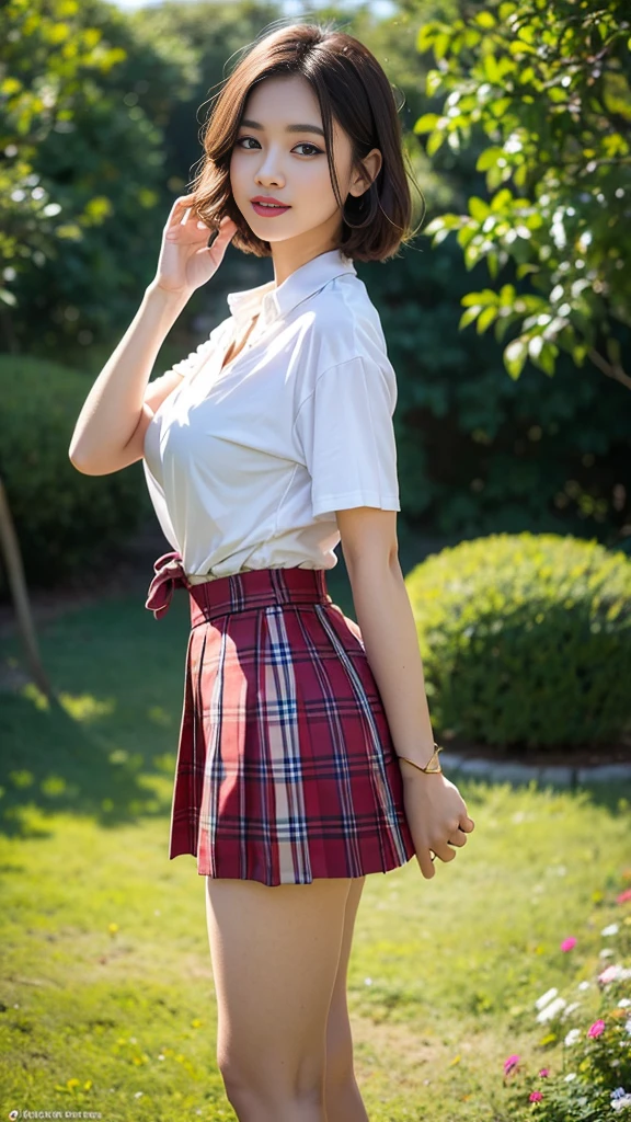 no, ภาพถ่าย RAW 8k, best quality, Masterpiece, Ultra high resolution, เนื้อfilm, film, 1 girl, look at viewer, เนื้อผิวisธรรมชาติ, Realistic eye and facial details, full lips, lipstick, (put on makeup), red eyeshadow, short fluffy hair, messy hair, smile, gag, beautiful leg, tall woman, thin, thin_leg, alone, enormous breast, rift, Pose with your butt facing you., ultra short skirt, is, shirt, Beautiful natural places, Around the flower location, (Detailed background), plaid skirt, white shirt, enormous breast, rift, Show a little rift through the shirt, รองเท้าnoมีส้น, Blurry background, Blurry, Holding, plaid, short sleeve, JK Ribbon on the neck, JK Ribbon, ผมสีwaterตาล, bracelet, water, smooth, , decorations, parted lips, lips, from the side, pleated skirt, depth of field