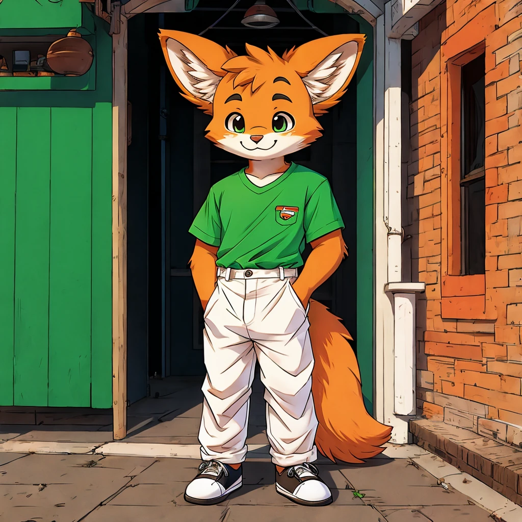 Cute orange furry in green shirt and in a white pants