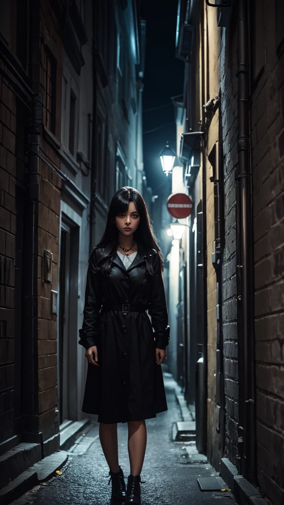 Maniac Girl, dark hair,dark narrow streets, girl's age 30 years, Girl with a knife
