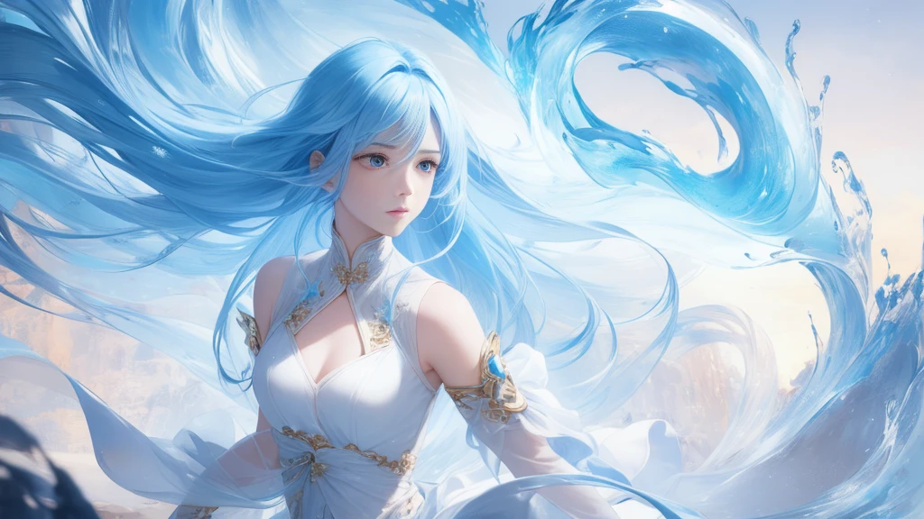 high quality,1 girl,Ultra-detailed CG illustrations,Depicts a young man with a calm expression, Staring into the distance,His striking light blue hair fluttered gently in the desert breeze. The scenery behind him is vast and stunning, Leading the audience into a world of wonder and exploration.More ideas