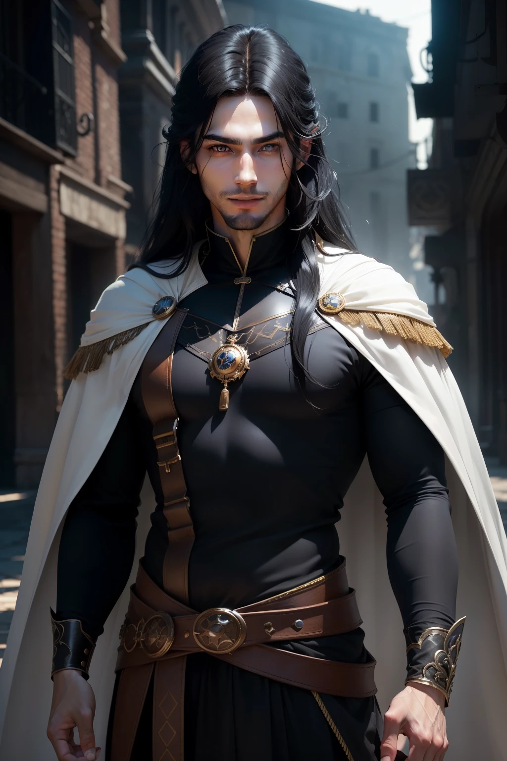 1 male with unique and attractive features, bright white skin, long and black hair that falls over his shoulders, ((big eyes, bright eyes, dark brown eyes, and these eyes carry a mysterious luster and hidden tale)). ((He has a warm and attractive smile that gives his face a touch of charm and attractiveness)), ((Wearing strange and unique clothes, reflecting an artistic and innovative character)), 8k, high quilty, realistic, beautiful realistic, Cool details, raw photo, realistic clothing, long hair, black hair, realistic hair, Light and cool lighting, photo realistic, Cel shaded, Gel lighting, ultra details
