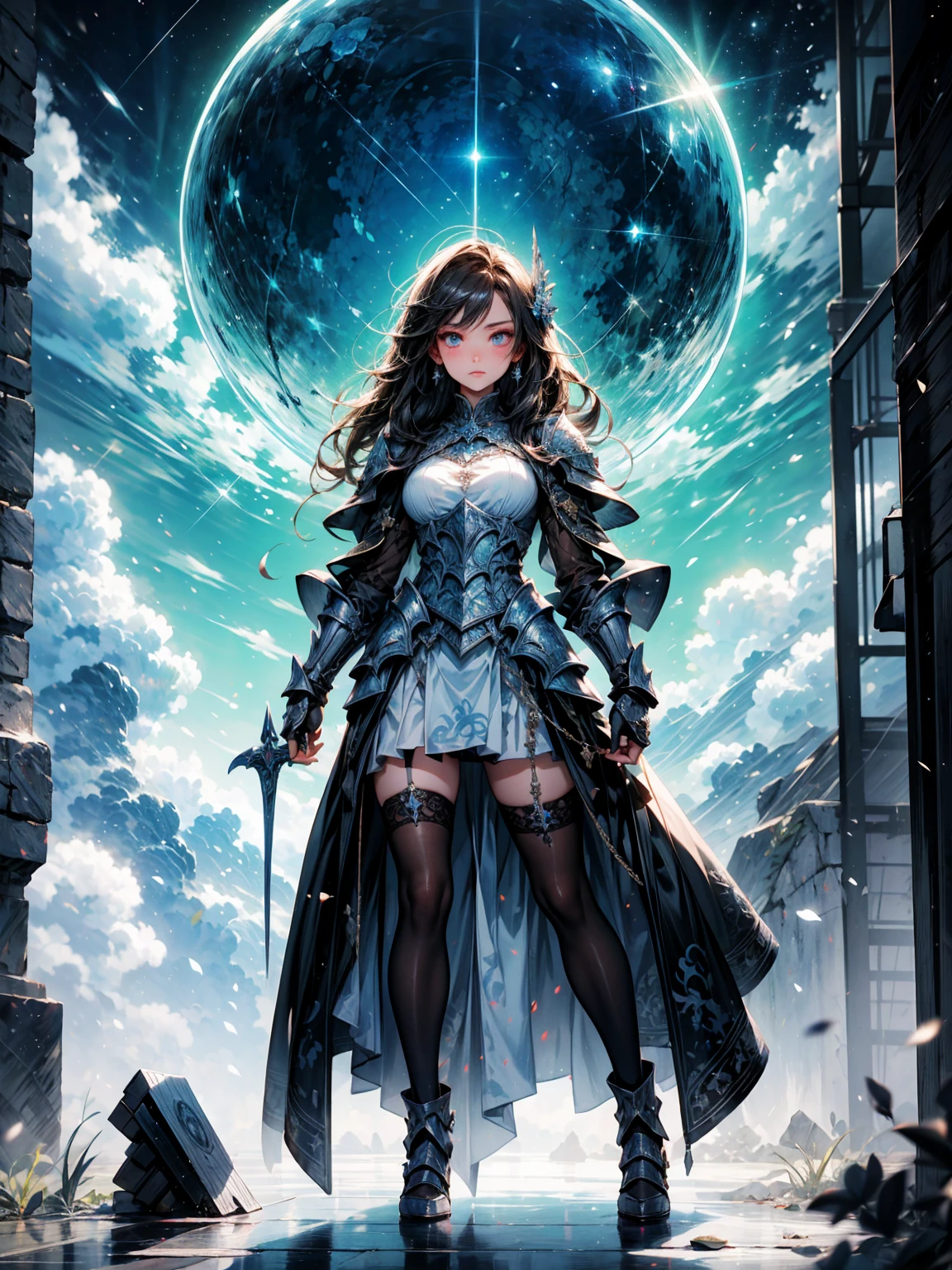 Full body shot of a fearless paladin with unparalleled beauty, featuring long, dark hair and striking blue eyes. She wears intricately designed draconic armor that glimmers with a mystical aura. Her armor is adorned with dragon scales and ornate patterns, giving it both an imposing and elegant appearance. In her hand, she wields a magnificent sword, the blade shimmering with a divine light, etched with runes of power. She stands in a majestic, celestial landscape, with radiant light filtering through the clouds, casting a holy glow upon her. The ground beneath her is a mix of ancient stones and sacred symbols, glowing softly as if infused with holy energy. Surrounding her are ethereal figures in shades of gold and white, their presence adding to the divine ambiance. The background features towering, ancient ruins and magnificent, skyward-reaching structures, hinting at a grand, heavenly stronghold. The scene is inspiring and powerful, with her face showing a serene yet determined expression, her eyes locked onto her noble mission. [Best quality], [Masterpiece], [Ultra-detailed], [4k], {inspiring|majestic} atmosphere, celestial landscape, {dynamic pose|noble stance}, radiant illumination, {soft shadows|divine lighting}, {glowing ancient stones:0.7}, {ethereal figures:0.6}, {heavenly architecture:0.5}, {towering ruins:0.4}, {skyward-reaching structures:0.3}.
