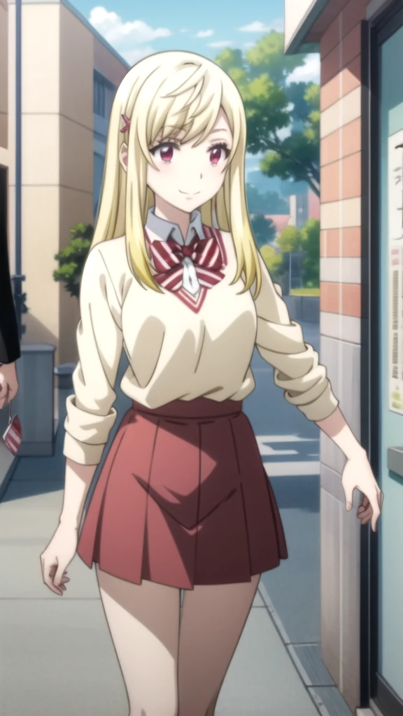Chica anime in a pink shirt and white skirt walking down a street, seductive Chica anime, attractive Chica anime, oppai, anime visual de una linda chica, Mejor Chica Animé, cute Chica anime, an Chica anime, pretty Chica anime, beautiful Chica anime, Chica anime, young Chica anime, lindo anime waifu con un bonito vestido, hermosa seductora anime adolescente, yamada_yellow, 1chica , by rubio, alone, wide, hair ornament, , smile, bow, red eyes my dress darling anime, beautiful seductress anime 