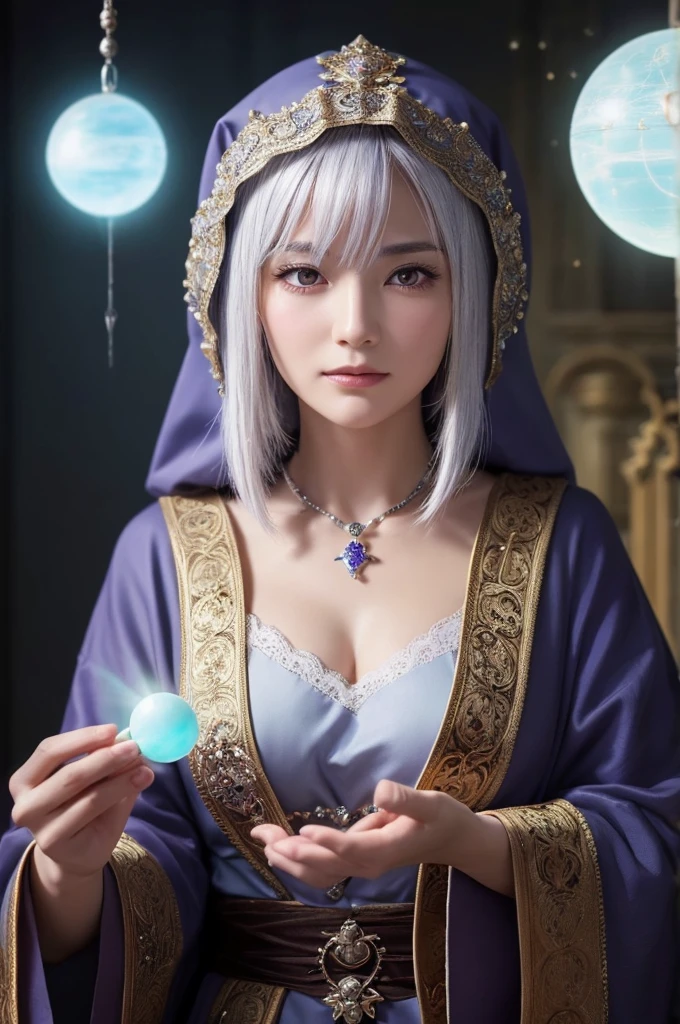 "Realistic yet anime-style close-up image of a woman over 100 years old with silver hair, showing her aged features, wearing mystical robes and a hood that partially covers her head. She is facing forward with her body straight and looking directly at the viewer with her eyes wide open, holding a large, glowing crystal ball in her hands. Only her chest and above are visible. The background is dark and filled with mystical elements such as glowing candles, ancient symbols, and a mysterious tapestry, creating a traditional fortune-telling atmosphere. The image combines realistic aged details with an anime aesthetic."
