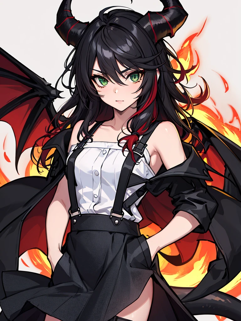 absurdres, 8k, 4k, masterpiece, hyper extreme detailed:1.2), solo, 1girl, front view, perfect face, 1girl, portrait, expressive eyes, looking at viewer, solo, green eyes, standing, mature female, , pale, long black hair, groan, casual wear, , looking forward, front view, black horns, confident, cautious, rational, messy hair, wind, windy, moving hair, moving clothes, swept bangs, front view, unyielding, mature body, tomboy, dragon tail, , black nails, wild hair, velvet crowe, scars, fatigue, Black Demonic Horns, Dragon Horns, Dragon Tail, fire, long skirt, hands in pockets, white shirt black letters, exposed shoulder, shoulder strap, suspenders, velvet crowe, velvet-outfit, red hair gradients, village background, fiery, flames, burning,