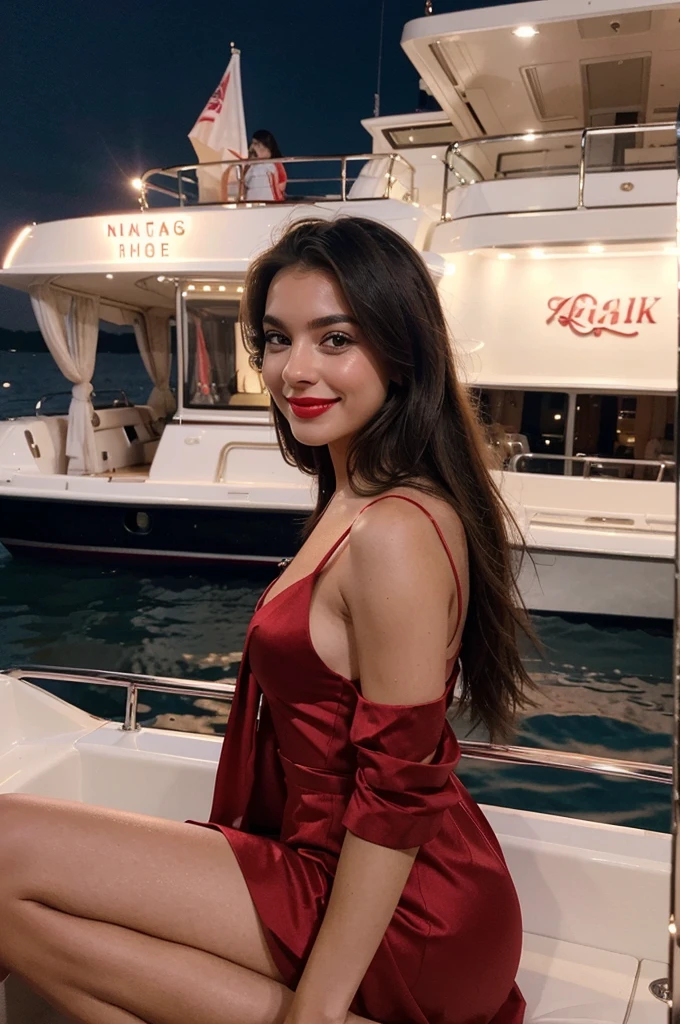 young and modern influencer. She must have delicate facial features, with a contagious and expressive smile, long, well-groomed hair, your clothes a beautiful dress well made up ,with red lipstick at a party ,boat full of people dancing
